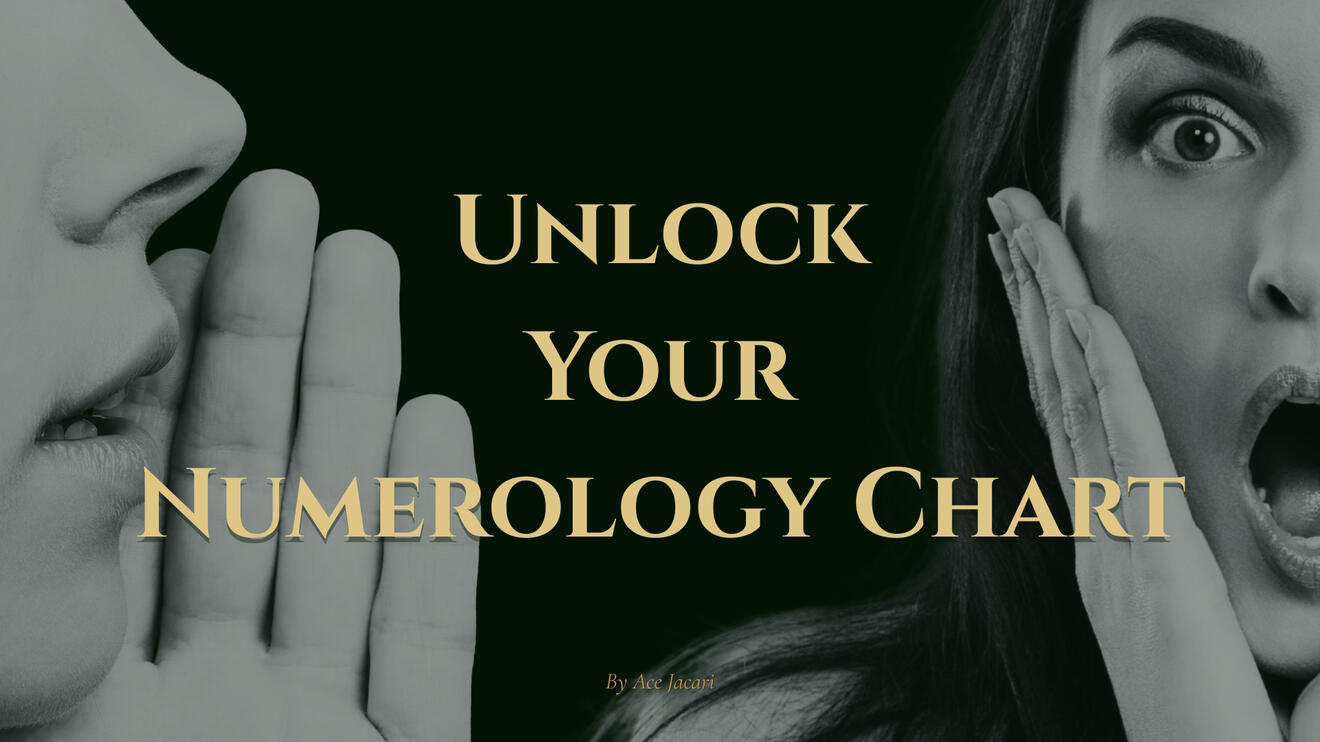 Dark green background, black and white photo on the left whispering, black and white photo on the right shocked expression, Title - Unlock Your Numerology Chart by Ace Jacari in yellow centered on page